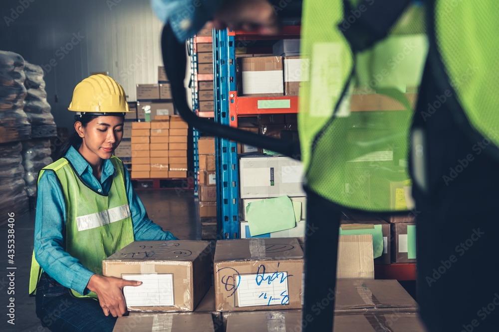 Female warehouse worker working at the storehouse . Logistics , supply chain and warehouse business 