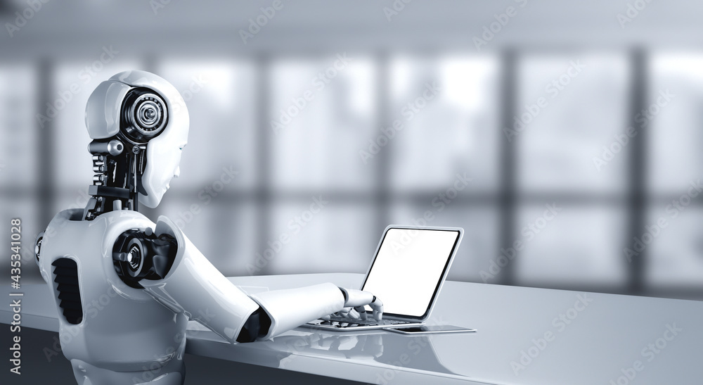 Robot humanoid use laptop and sit at table in future office while using AI thinking brain , artifici