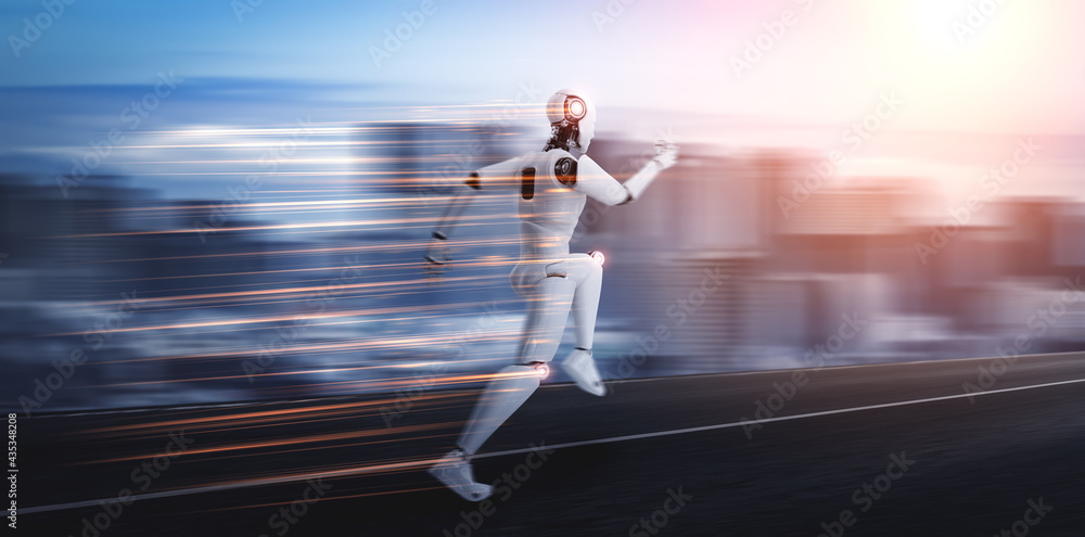 Running robot humanoid showing fast movement and vital energy in concept of future innovation develo