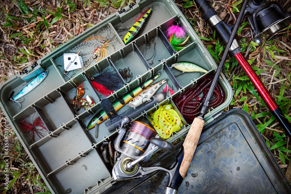 Aerial view of tackle box on the ground