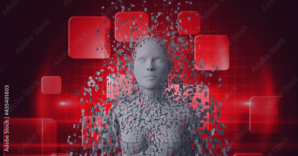 Composition of exploding human bust formed with grey particles and red screens background