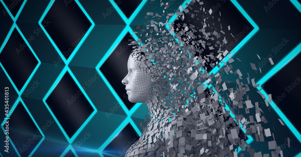 Composition of exploding human bust formed with grey particles and green diamonds background