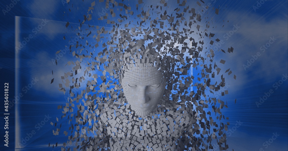 Composition of exploding human bust formed with grey particles and screen on clouds and blue sky