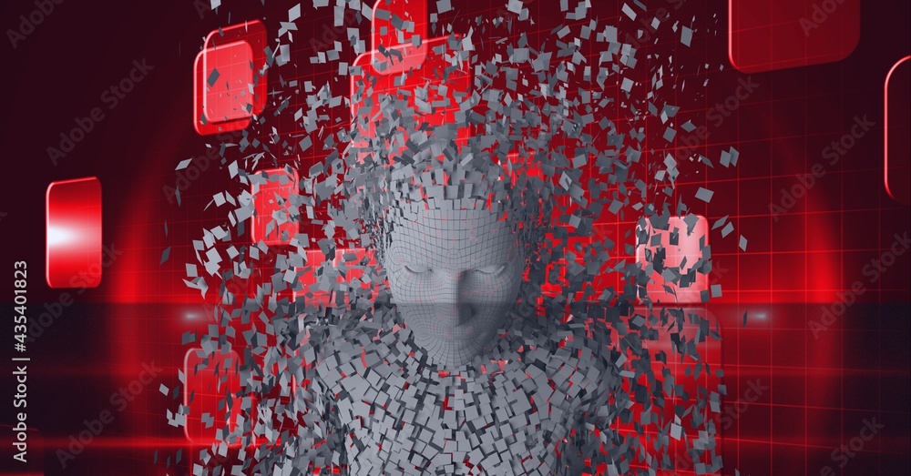 Composition of exploding human bust formed with grey particles and red screens