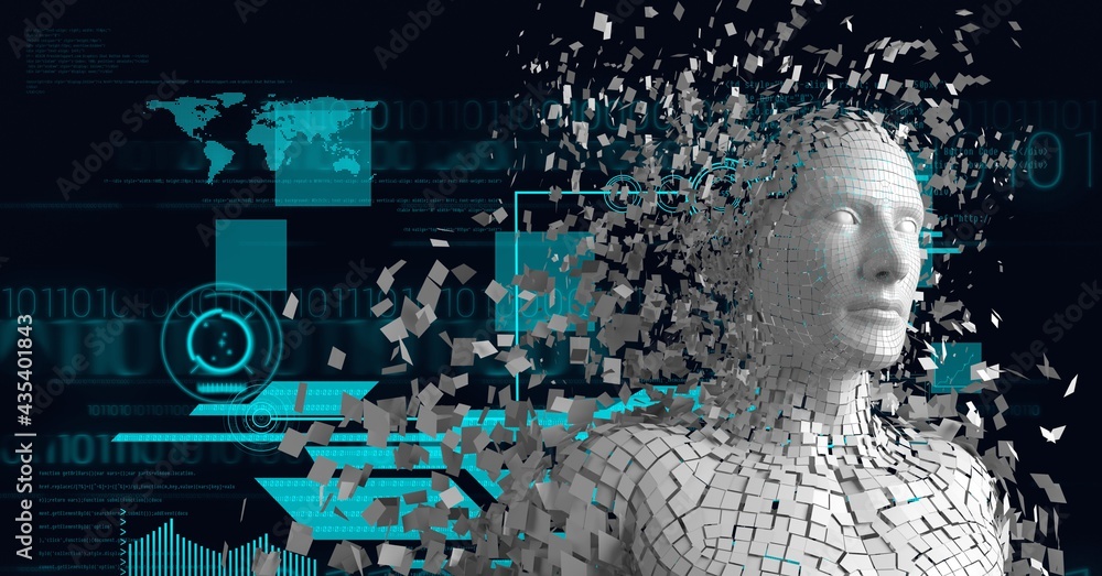 Composition of exploding human bust formed with white particles, screens and binary coding