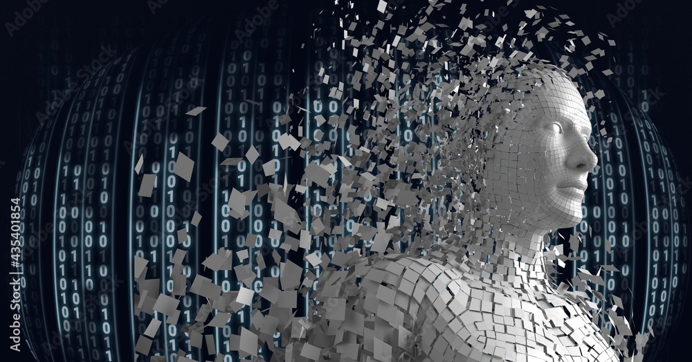 Composition of exploding human bust formed with white particles and binary coding