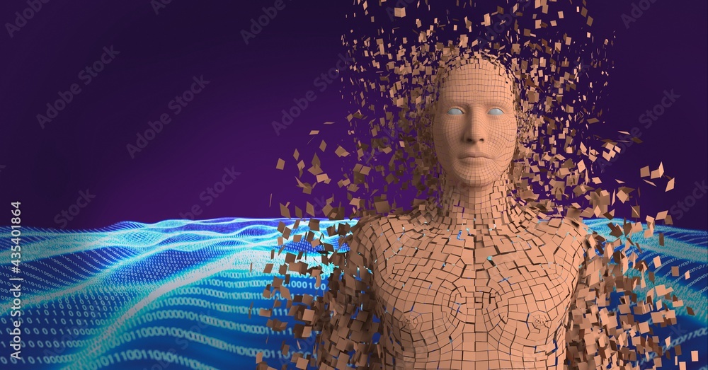 Composition of exploding human bust formed with orange particles and binary coding