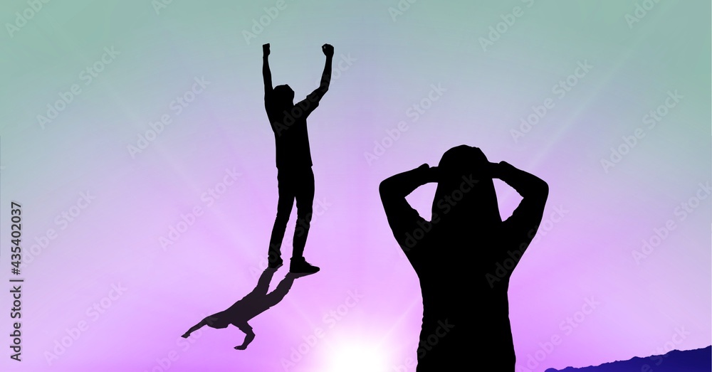 Composition of silhouette of man with arms in air and woman devastated and copy space