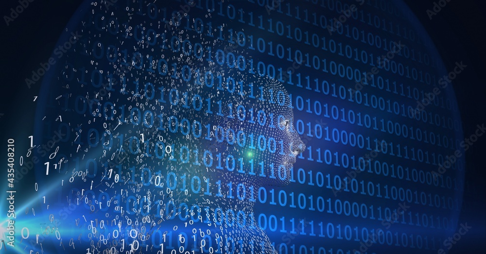 Composition of exploding human bust formed with particles over binary coding