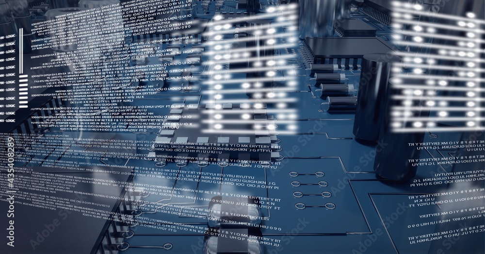 Composition of digital data processing over computer circuit board background