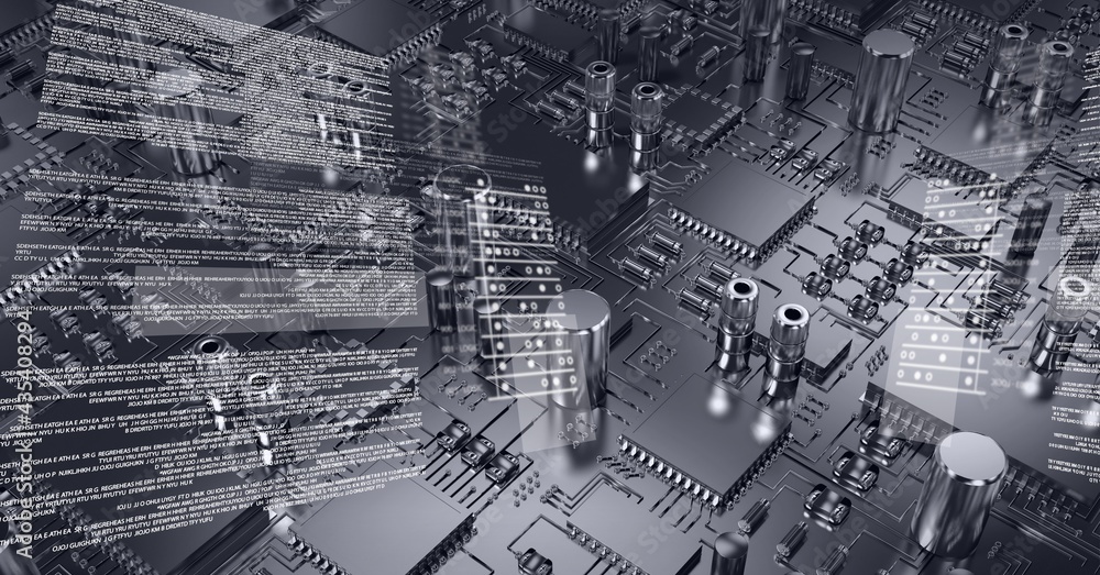 Composition of digital data processing over computer circuit board background