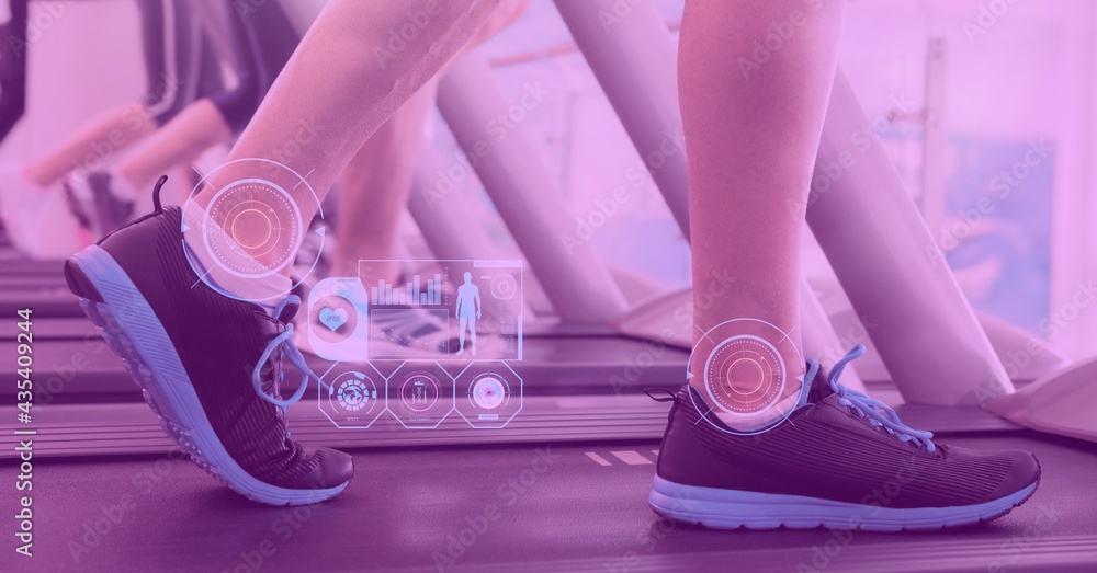 Composition of digital interface over womans legs exercising on treadmill with pink tint