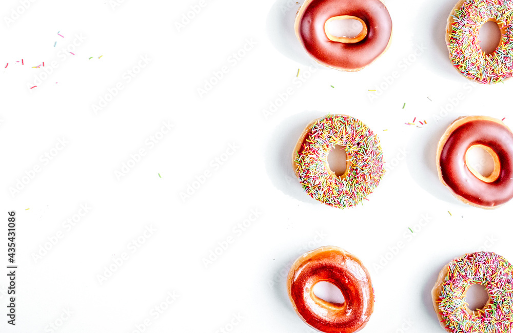 food design with donat set on white table background top view mockup