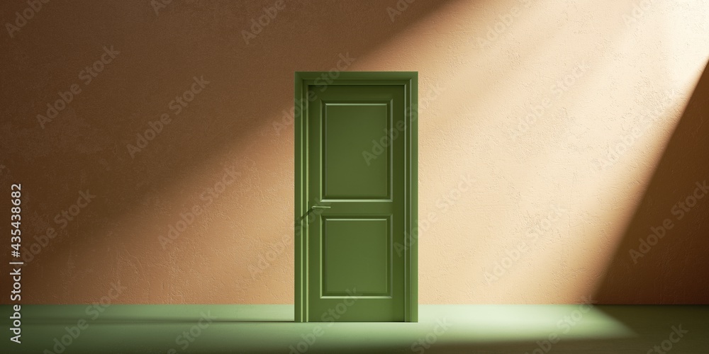 3d render, closed green classic door isolated on peachy background, illuminated with the sunlight. M