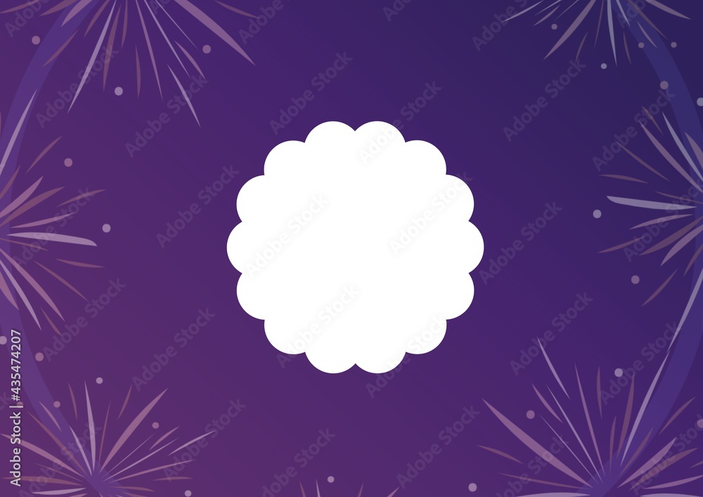 Composition of central white copy space roundel with firework elements on dark purple background