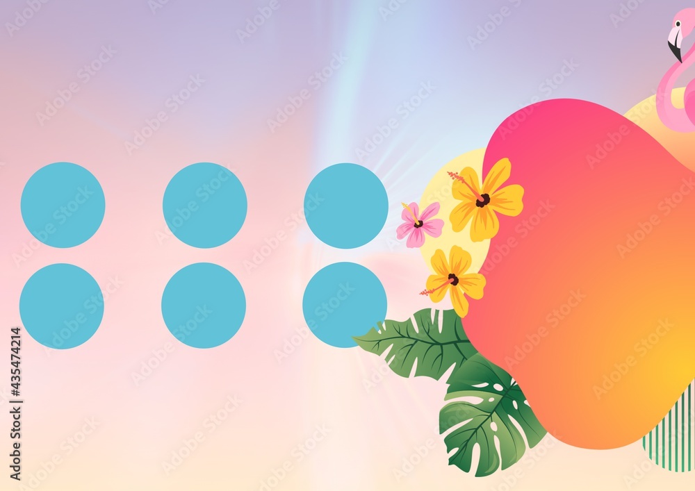 Composition of flamingo and tropical plant elements with blue circles on pink and lilac background