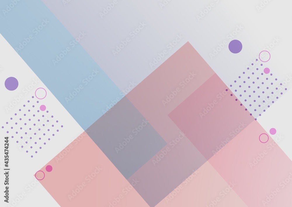 Composition of overlayed pink and blue rectangles and purple dots on grey background