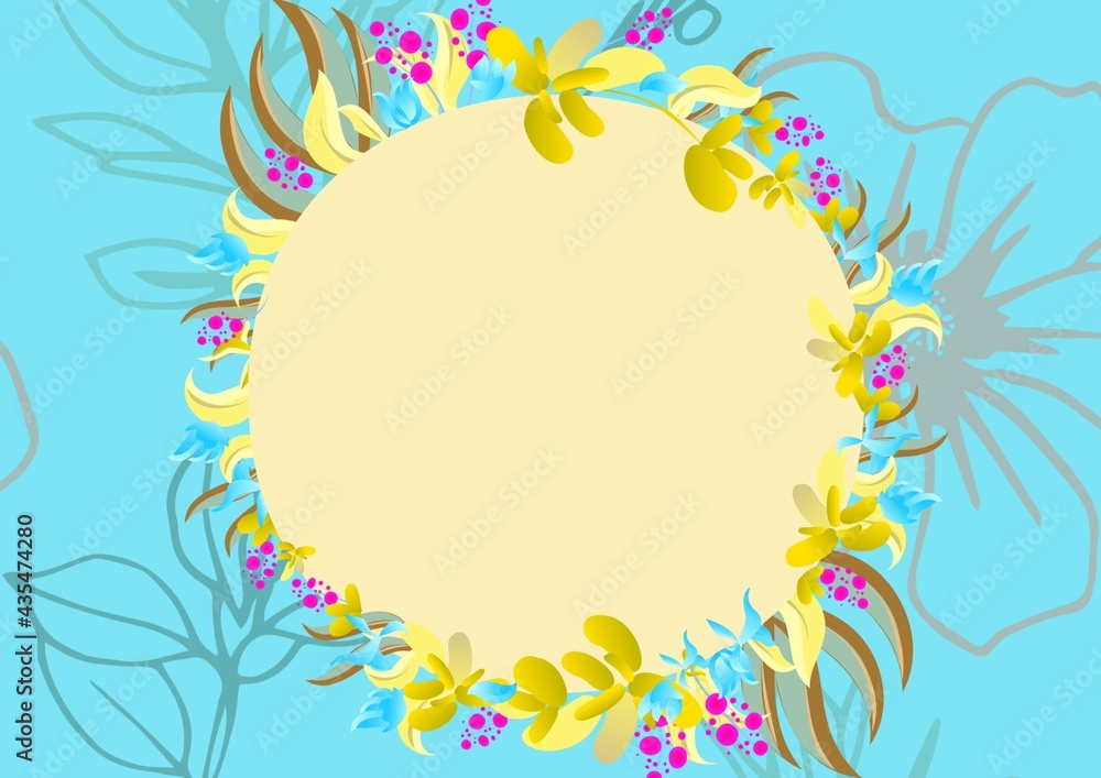 Composition of central circular yellow copy space with tropical plant elements on blue background