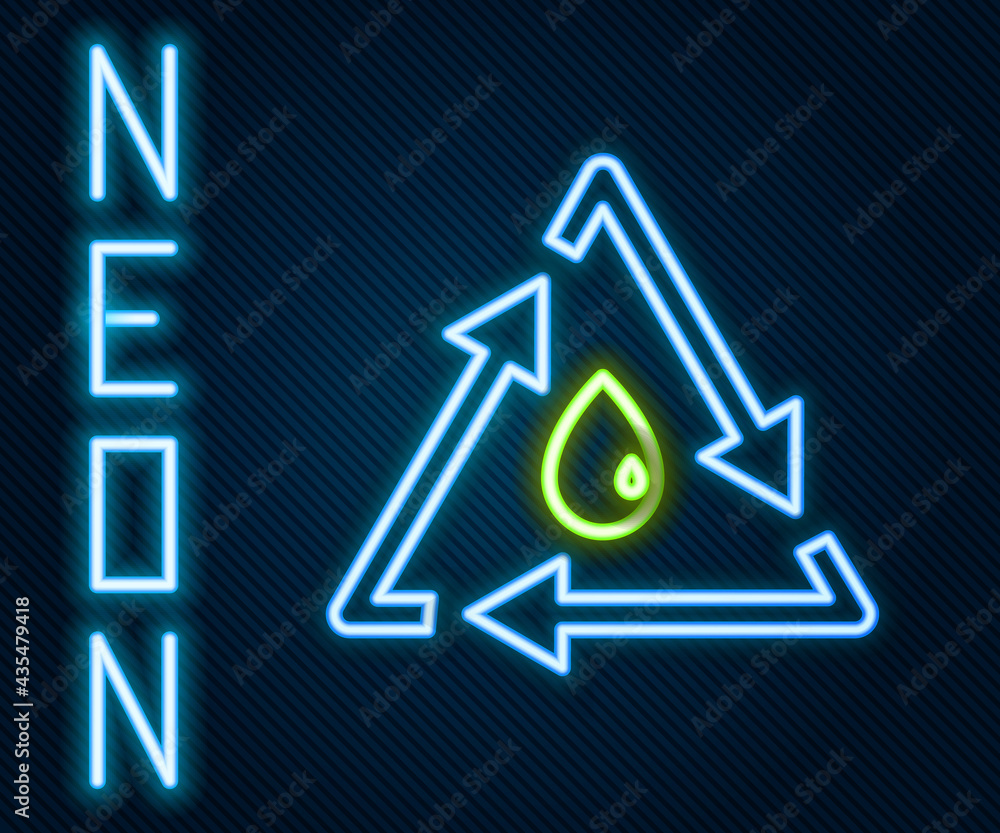 Glowing neon line Oil drop with recycle icon isolated on black background. Colorful outline concept.