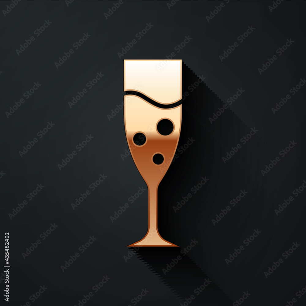 Gold Glass of champagne icon isolated on black background. Long shadow style. Vector