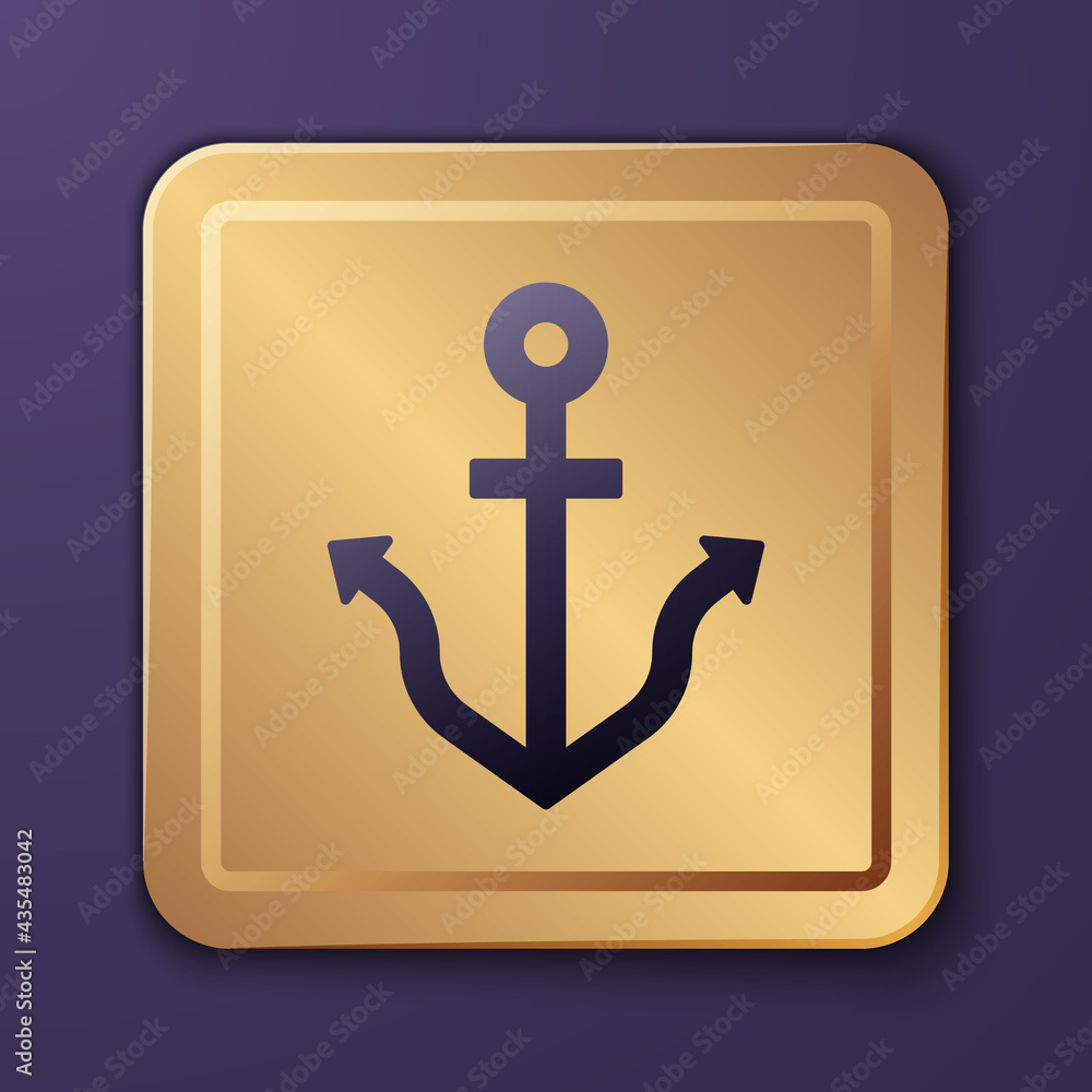 Purple Anchor icon isolated on purple background. Gold square button. Vector