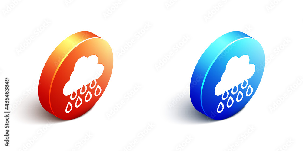 Isometric Cloud with rain icon isolated on white background. Rain cloud precipitation with rain drop