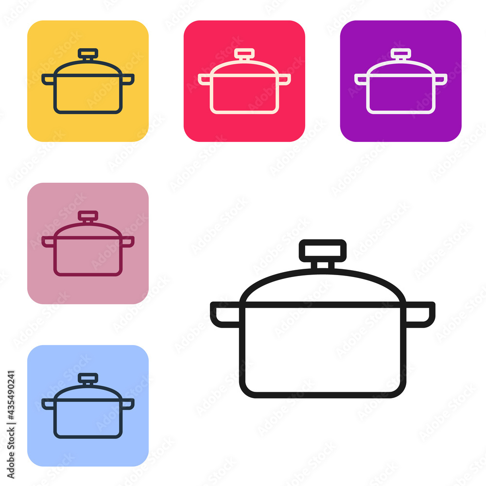 Black line Cooking pot icon isolated on white background. Boil or stew food symbol. Set icons in col