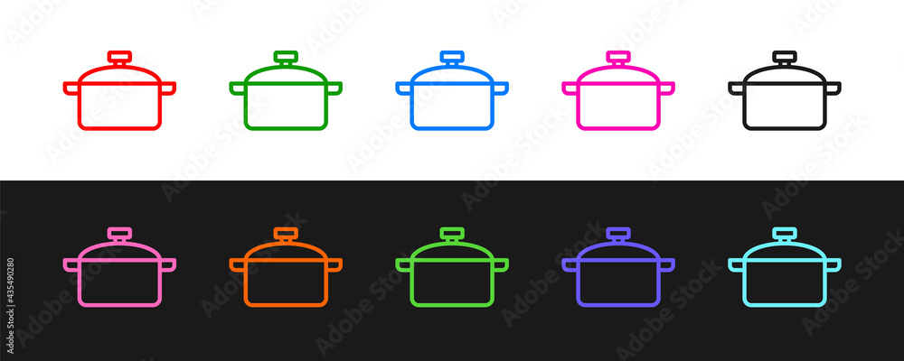 设置线烹饪锅图标隔离在黑白背景上。煮或炖食物符号。矢量