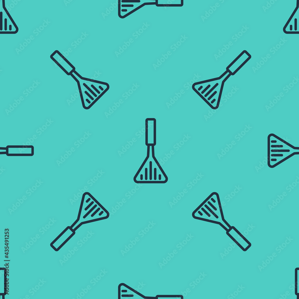 Black line Barbecue spatula icon isolated seamless pattern on green background. Kitchen spatula icon