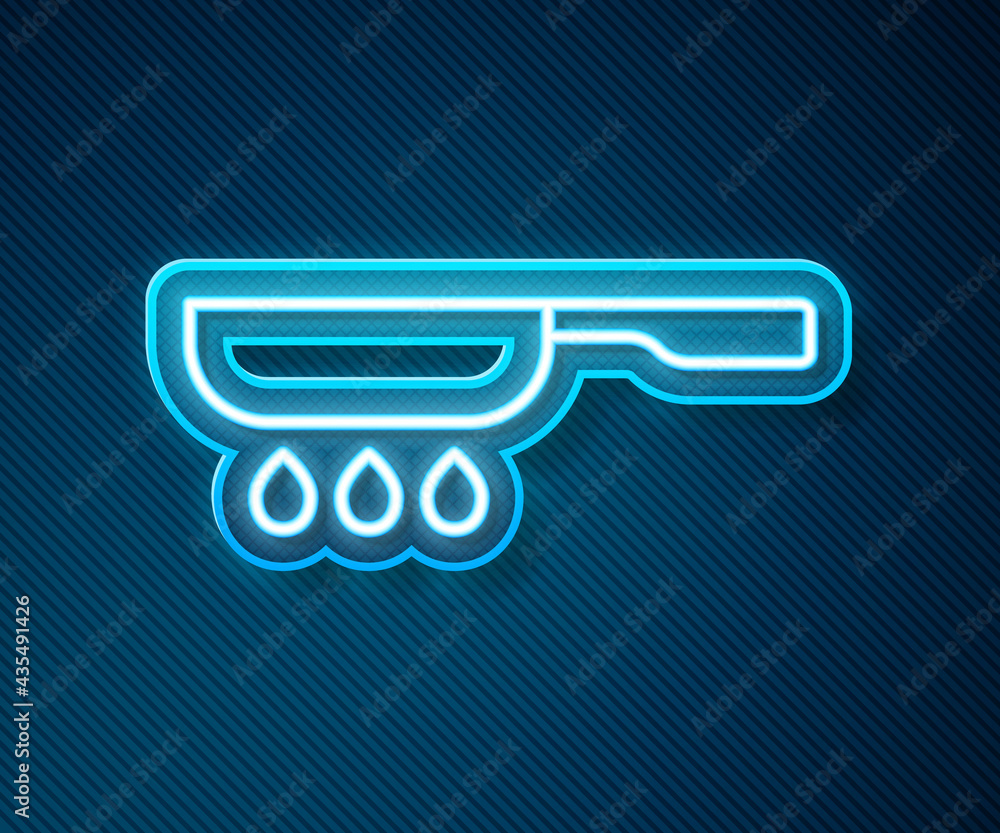 Glowing neon line Frying pan icon isolated on blue background. Fry or roast food symbol. Vector