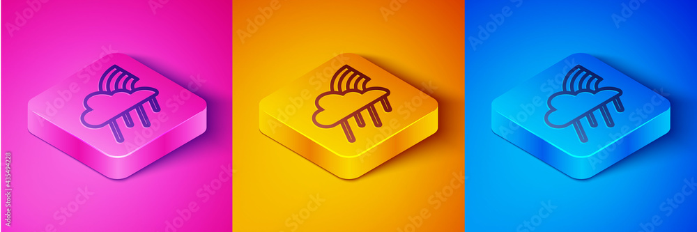 Isometric line Rainbow with cloud and rain icon isolated on pink and orange, blue background. Square