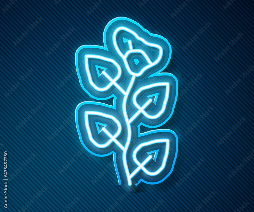 Glowing neon line Ivy branch icon isolated on blue background. Branch with leaves. Vector