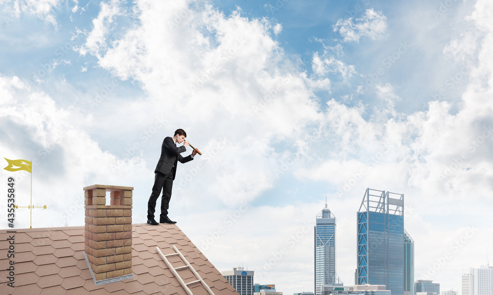 Mister boss on brick roof in search of something new. Mixed media