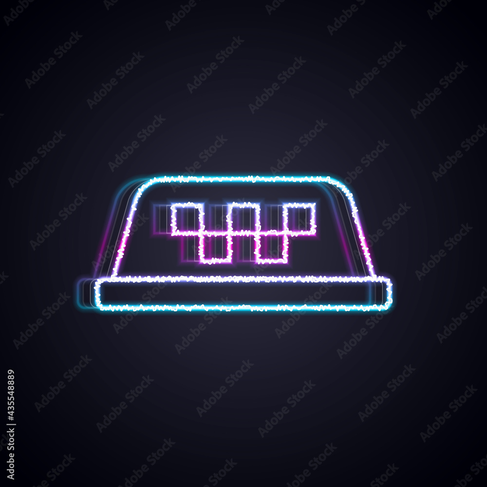 Glowing neon line Taxi car roof icon isolated on black background. Vector