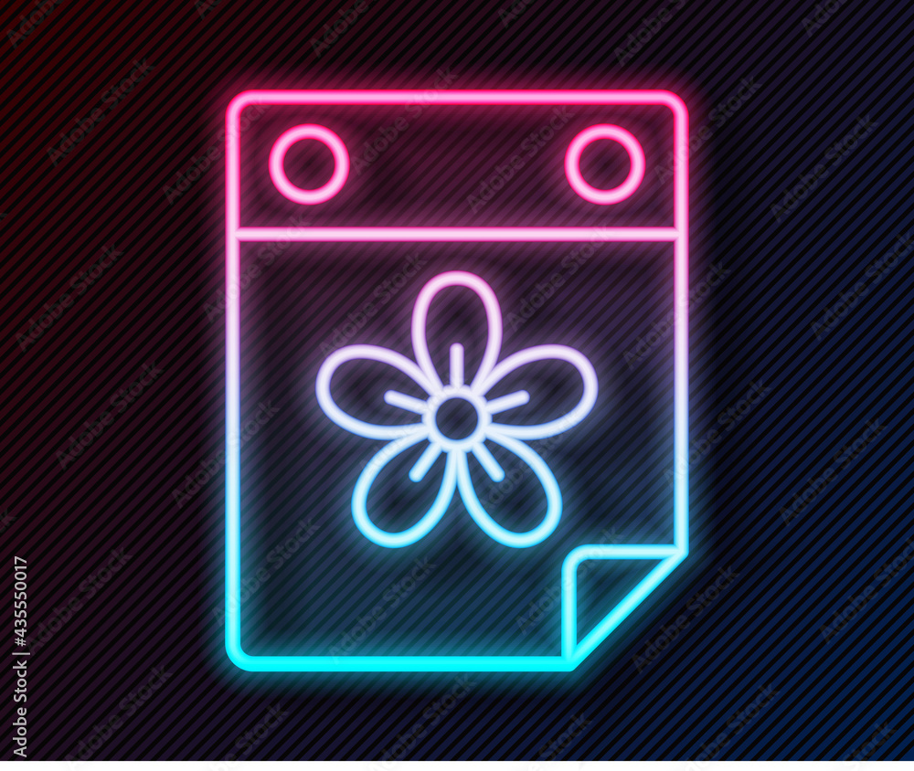 Glowing neon line Calendar with flower icon isolated on black background. Vector