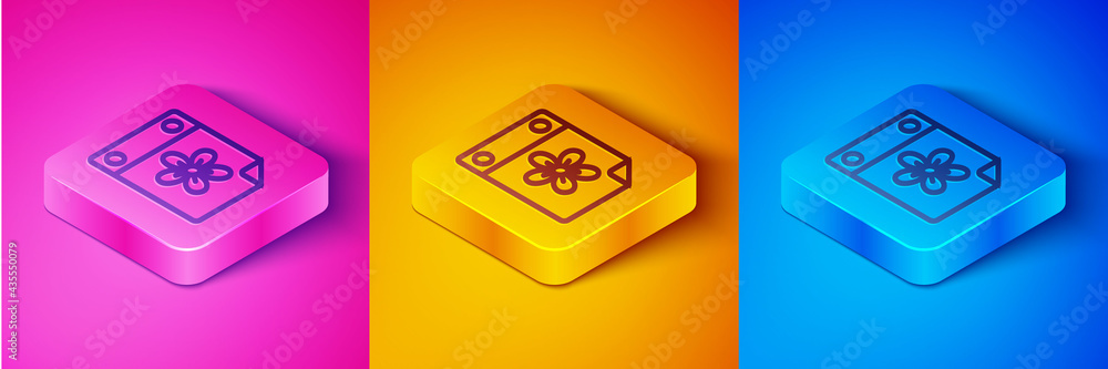 Isometric line Calendar with flower icon isolated on pink and orange, blue background. Square button