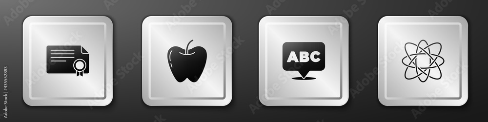 Set Certificate template, Apple, Alphabet and Atom icon. Silver square button. Vector