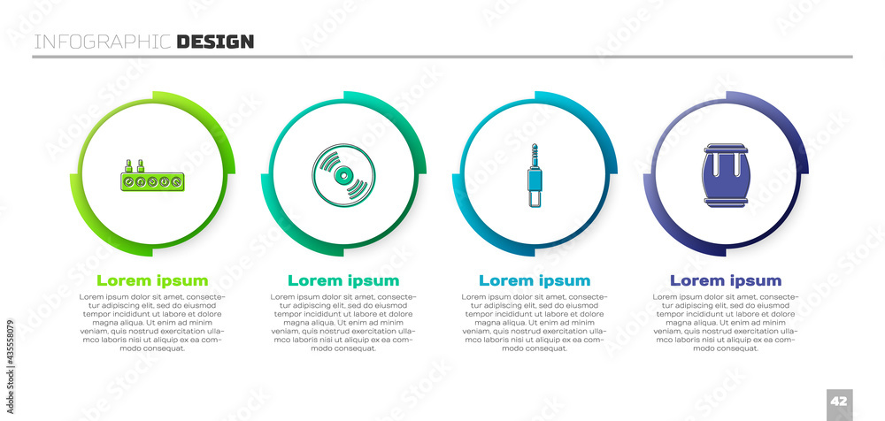 设置混音器控制器、乙烯基磁盘、音频插孔和鼓。商业信息图模板。矢量