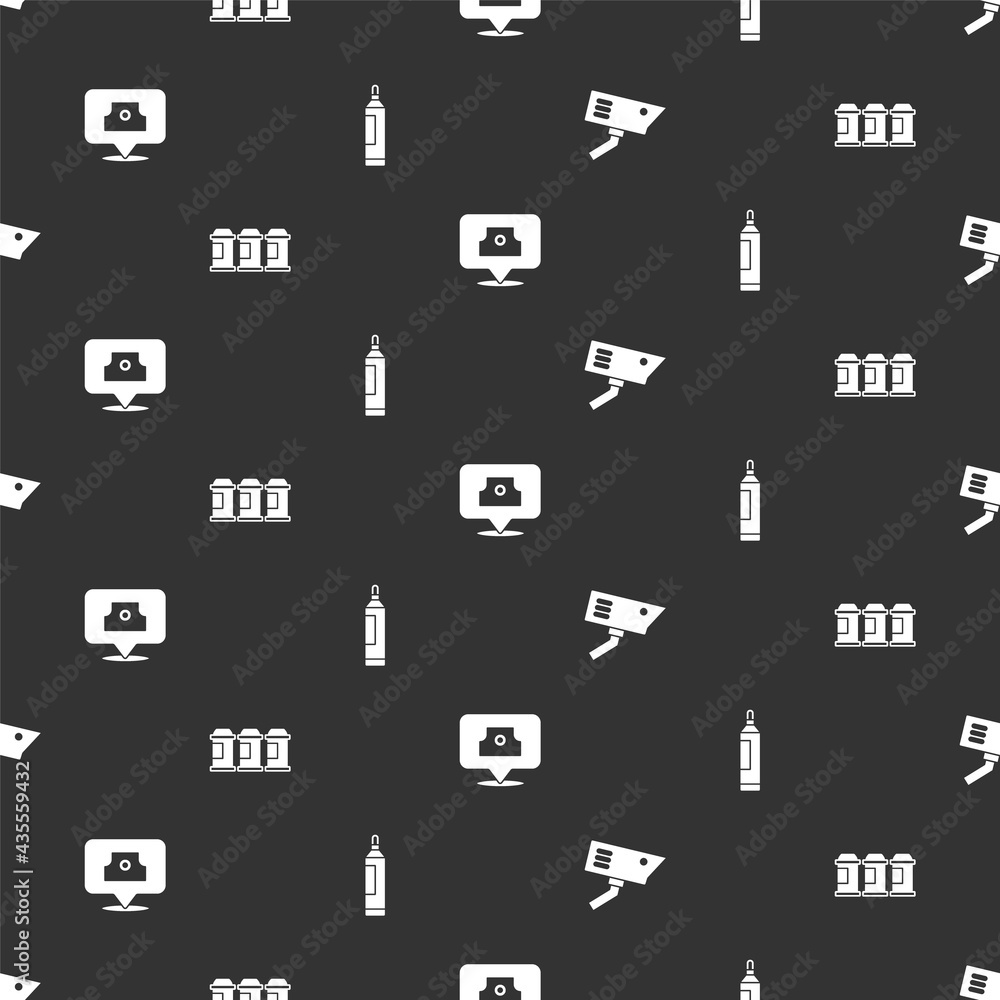 Set Security camera, Paint spray can, Spray nozzle cap and Marker pen on seamless pattern. Vector