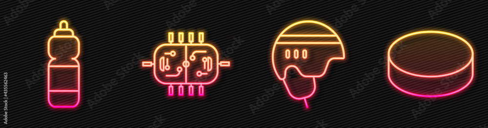 设置冰球头盔、健身摇壶、冰球桌和冰球。发光霓虹灯图标。矢量