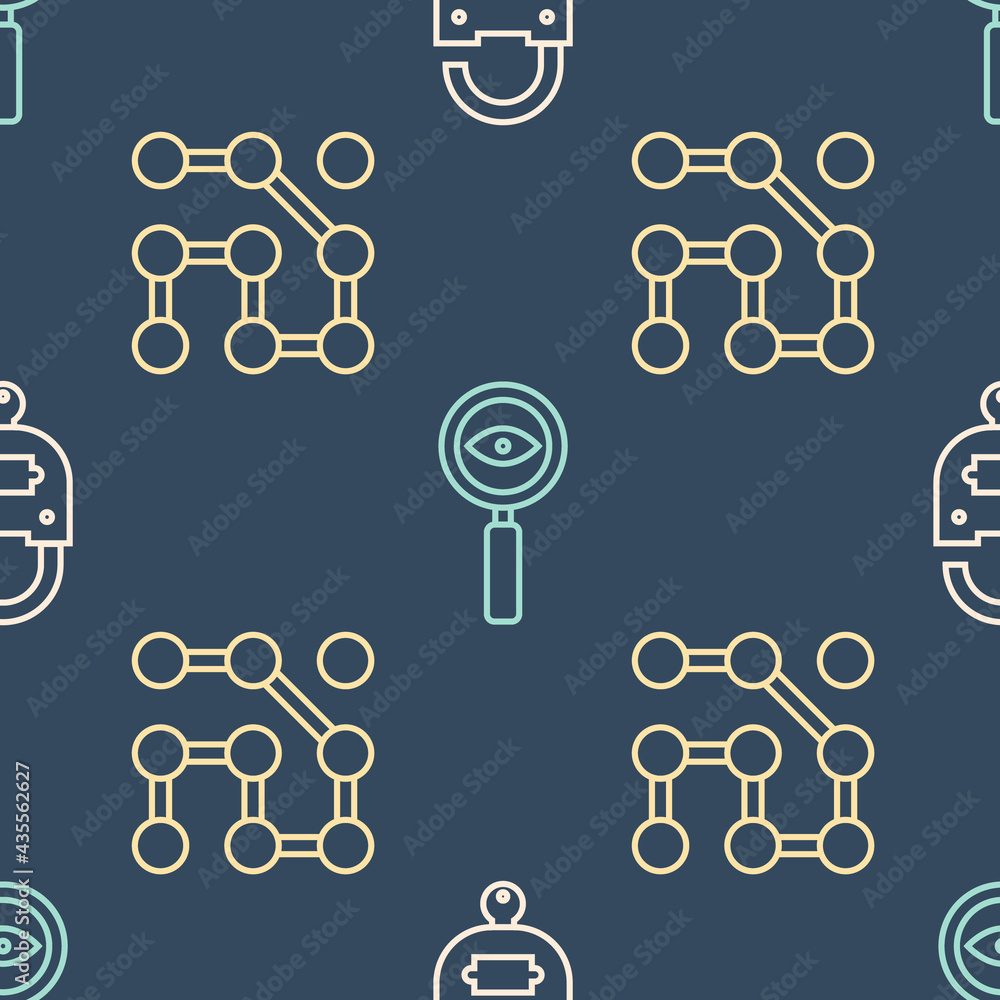 Set line Lock and key, Graphic password protection and Magnifying glass Search on seamless pattern. 