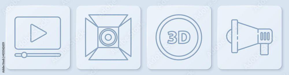 设置在线播放视频、3D单词、电影聚光灯和扩音器。白色方形按钮。矢量