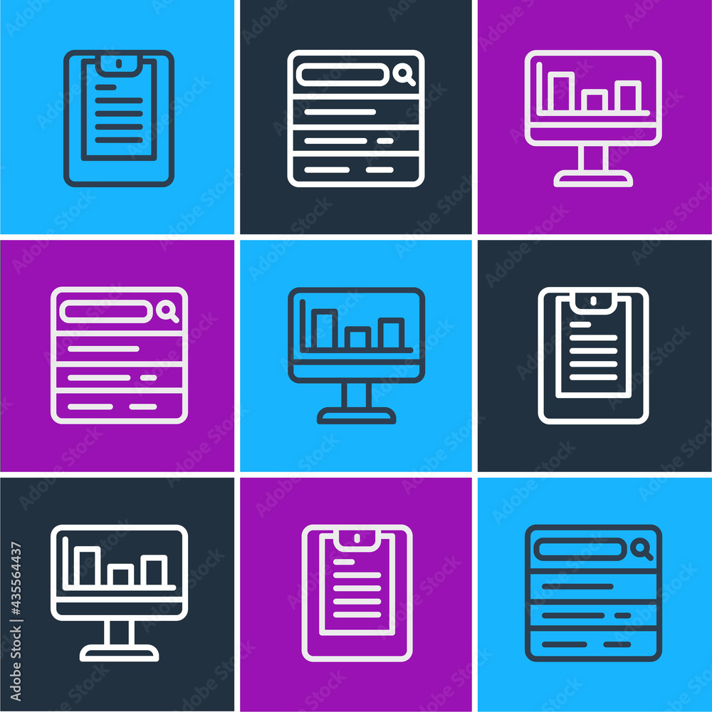 Set line Server, Data report, Monitor with graph chart and Search engine icon. Vector