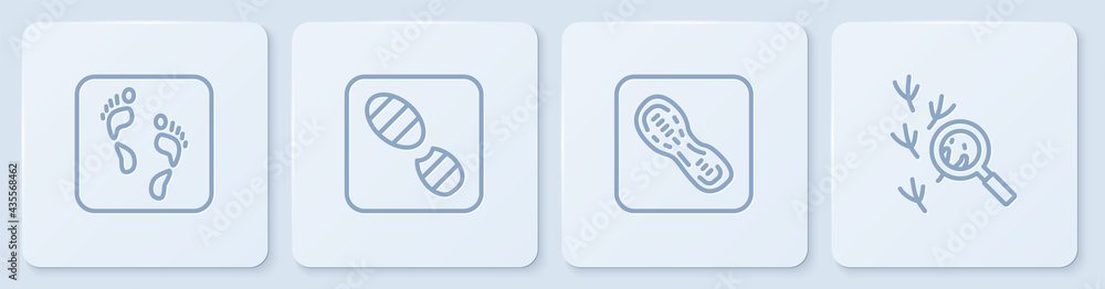 设定线人类足迹、足迹鞋和鸟。白色方形按钮。矢量