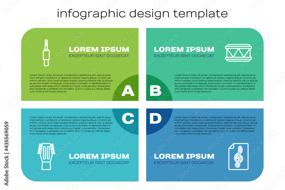 Set line Guitar，Audio jack，Treble clef and Drum。商业信息图模板。Vector
