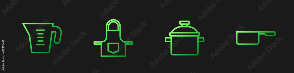 Set line Cooking pot, Measuring cup, Kitchen apron and Saucepan. Gradient color icons. Vector