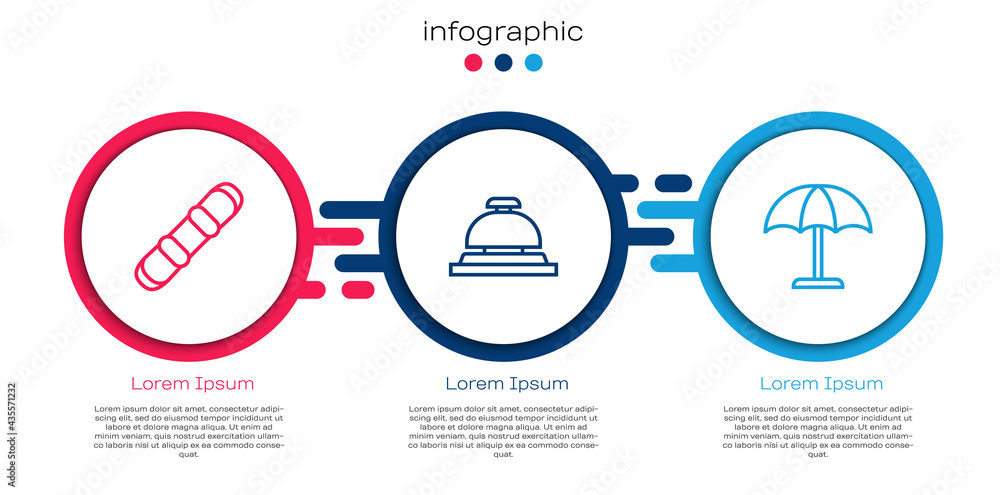 Set line Snowboard, Hotel service bell and Sun protective umbrella. Business infographic template. V