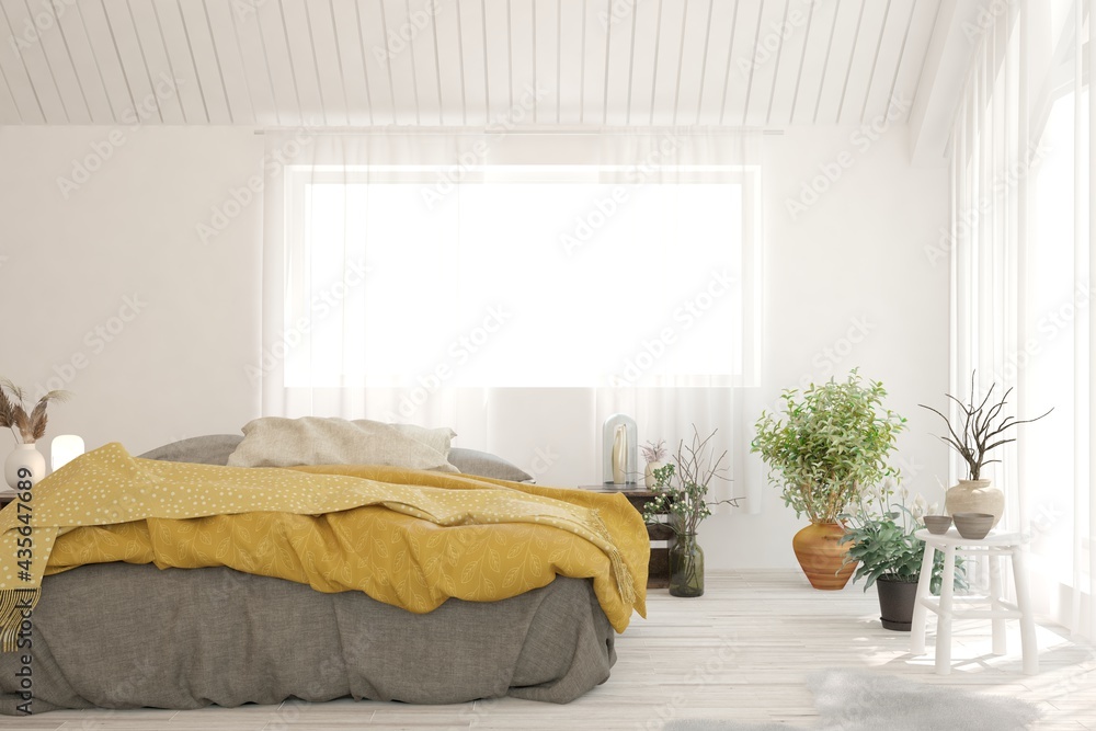 Soft color bedroom interior. Scandinavian design. 3D illustration