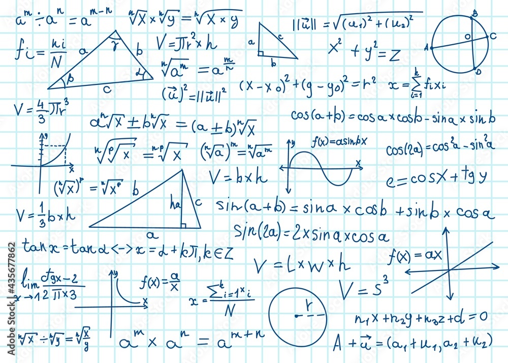 涂鸦数学公式。手写数学方程，笔记本方格纸上的方案。代数