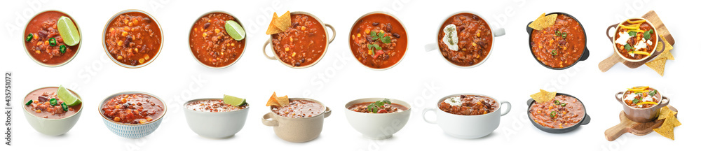 Set of tasty chili con carne on white background